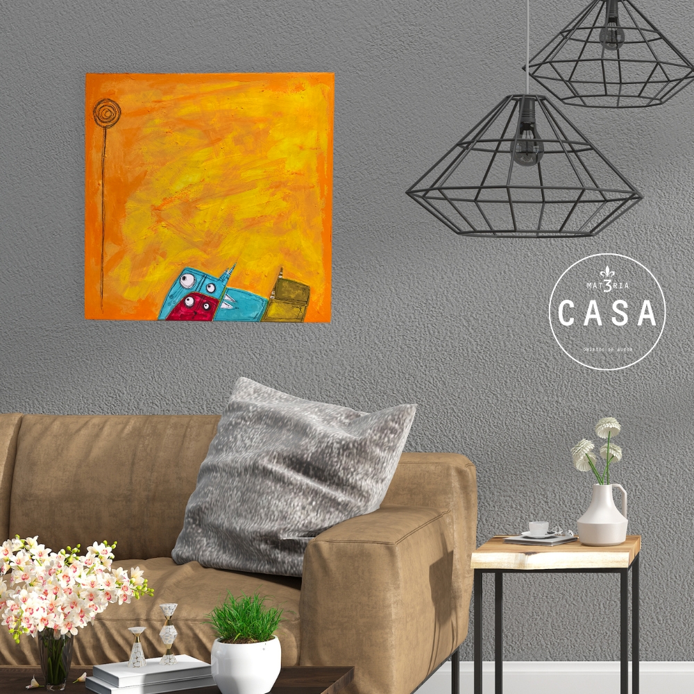 Cuadro pintado a mano: Gatos y Sol Naciente